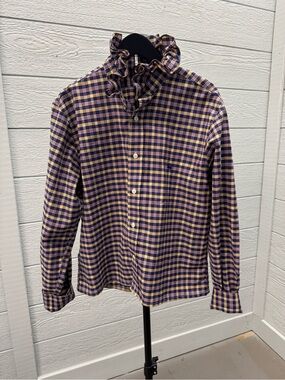 Brooks Brothers Purple and Yellow,navy and red Plaid Blouse, ruffle collar